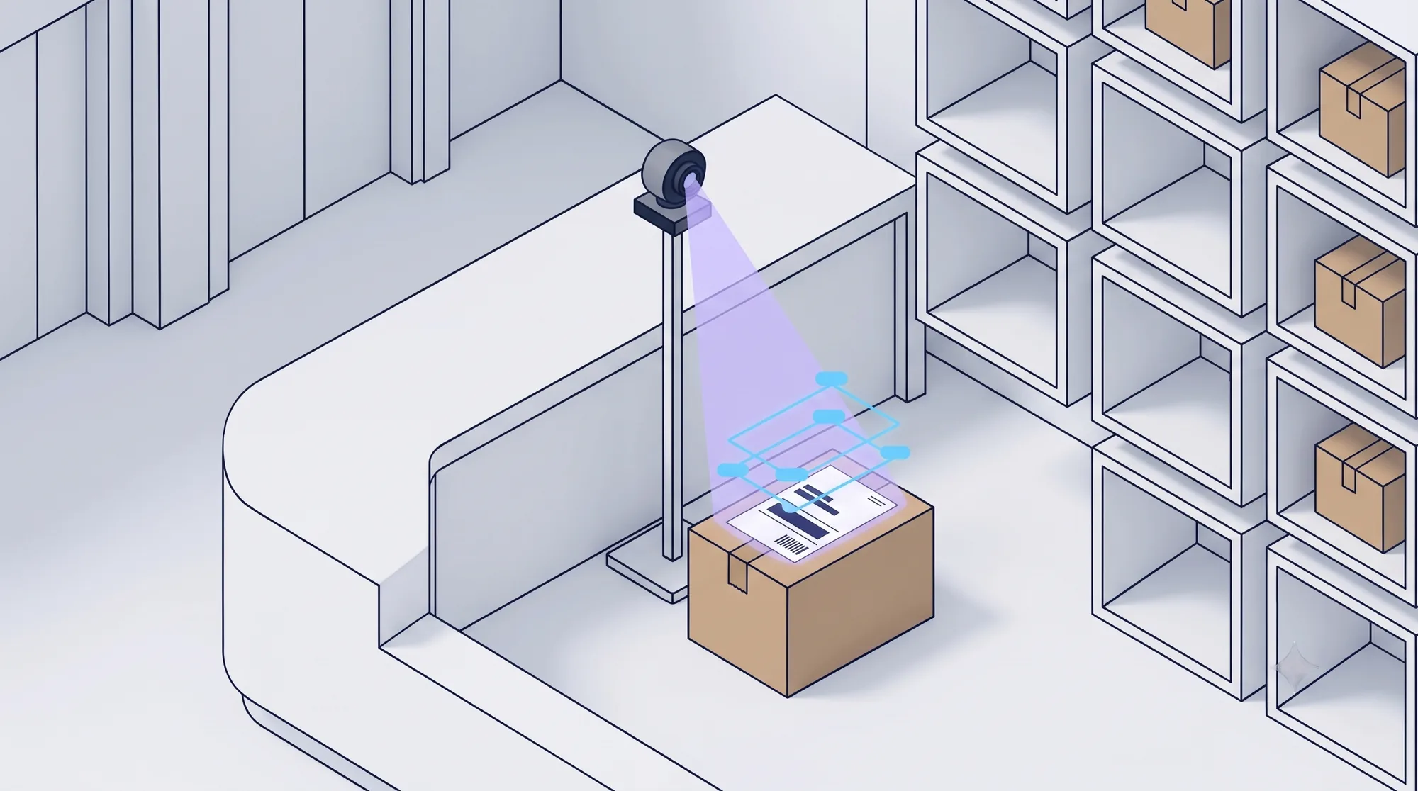 Close-up of the counter: a webcam on a stand shines a lavender beam onto the label of a parcel, and blue boxes outline the fields it reads.