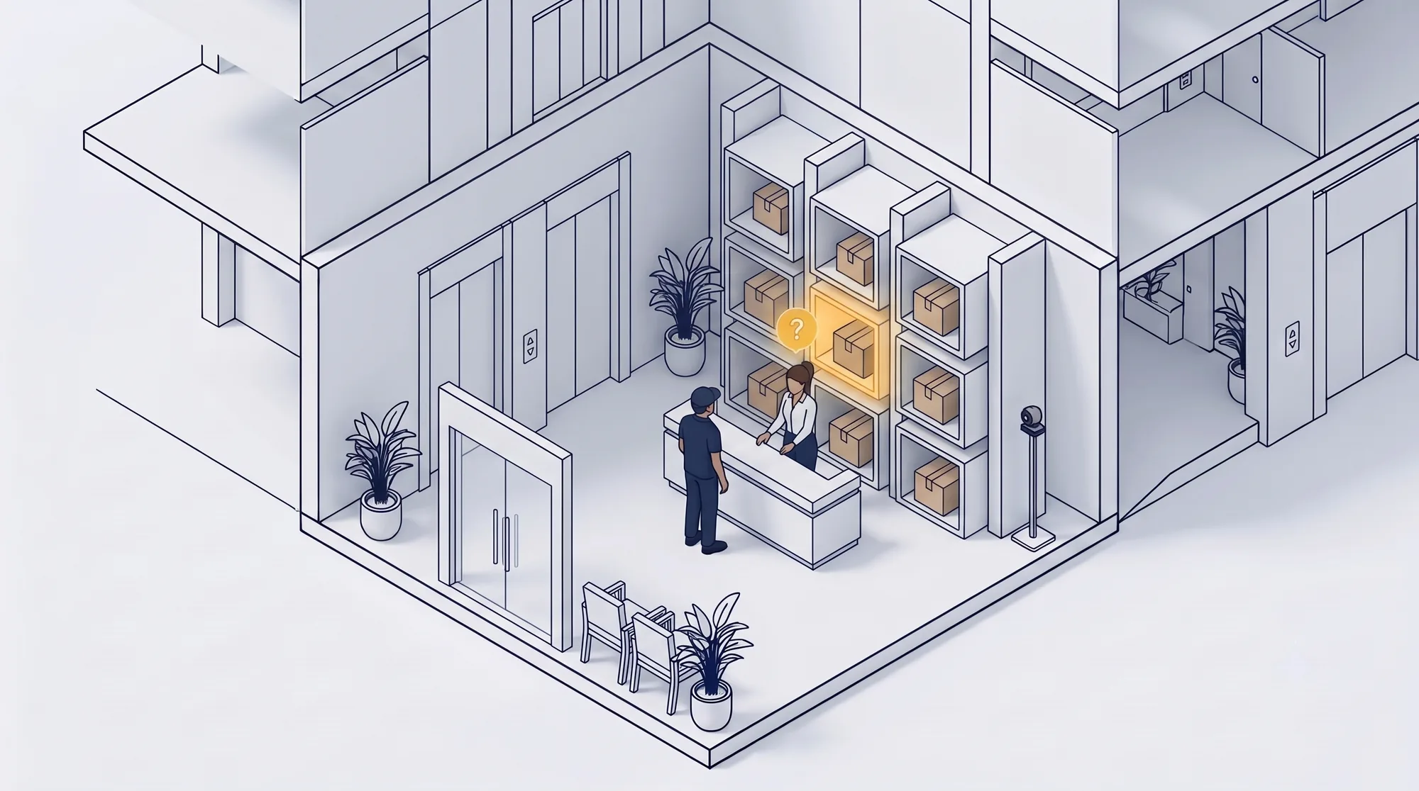 The lobby with its wall of cubbies. One cubby glows amber under a question mark while the officer speaks with the courier.