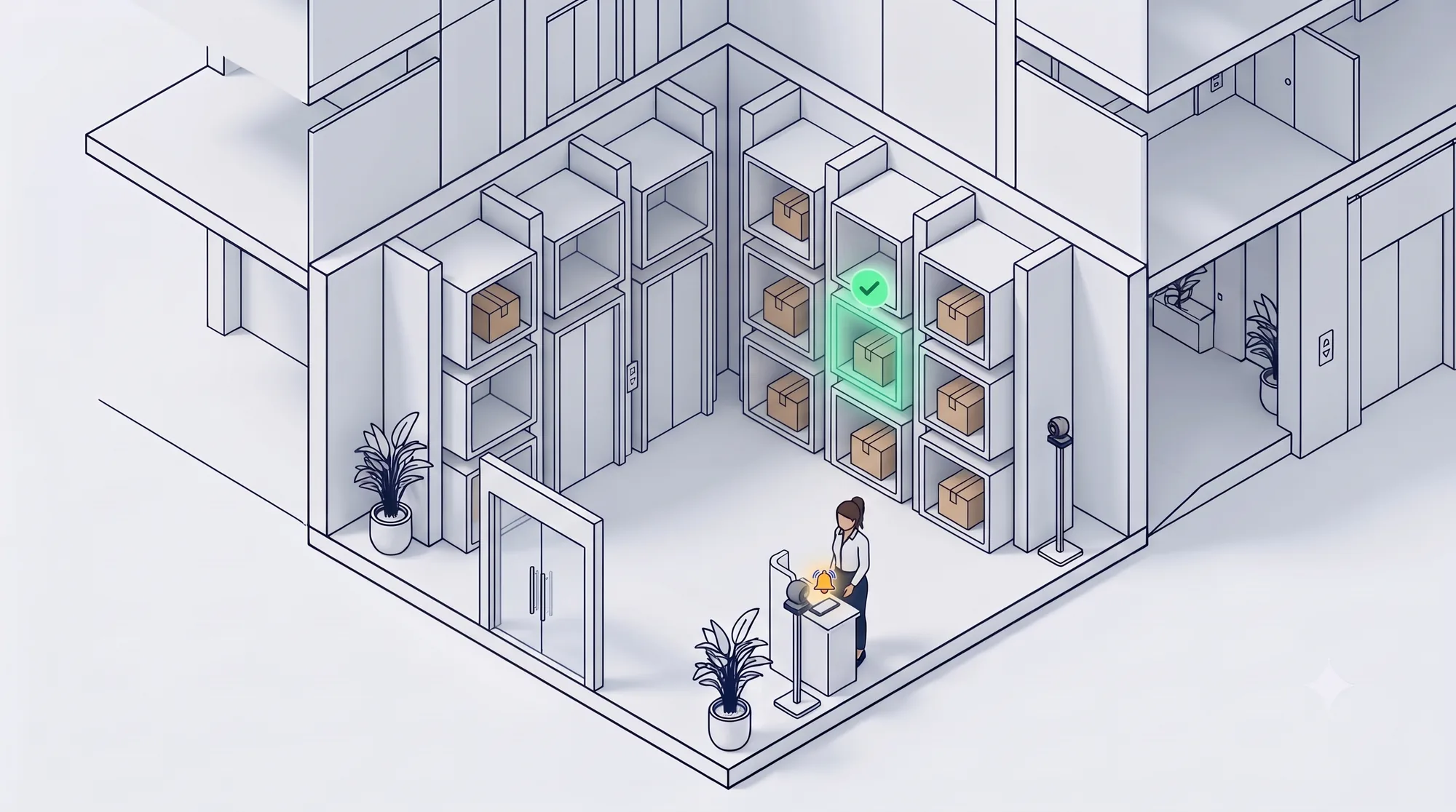 The lobby again. One cubby glows green under a check mark, and a bell icon sits beside the officer at her desk.
